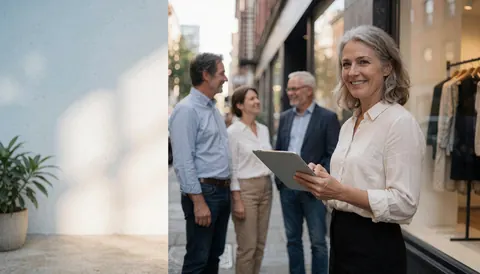 A smiling woman holding a tablet stands outside a clothing boutique with blurred customers in the background.