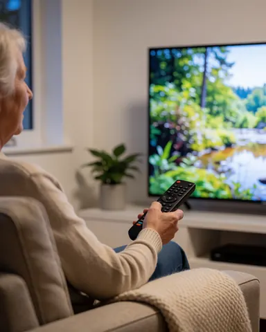 A person enjoys a natural scene on a flat screen TV from a comfortable sofa in a room with white walls.