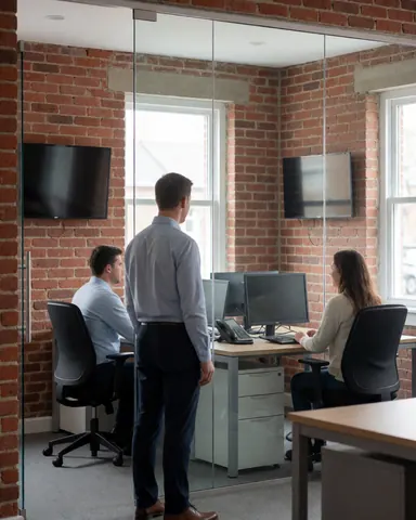 A satisfied customer inspects a modern office space featuring transparent glass partitions and exposed brick walls while colleagues work at desks with monitors.