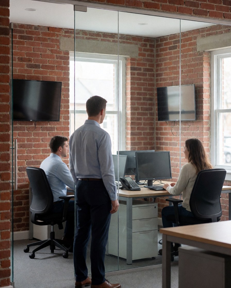 A satisfied customer inspects a modern office space featuring transparent glass partitions and exposed brick walls while colleagues work at desks with monitors.