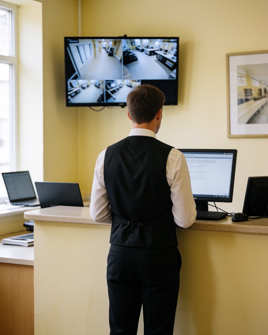 Hotel employee watching security screens at the reception desk with light yellow walls and modern equipment.