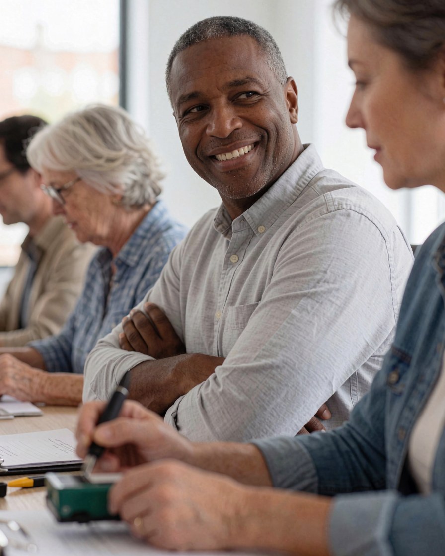 A smiling professional man shares documents with colleagues during an office meeting at a light wooden table.