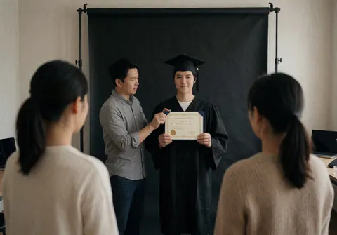 Photographer adjusts a diploma next to a graduate wearing a cap in a studio with a black background