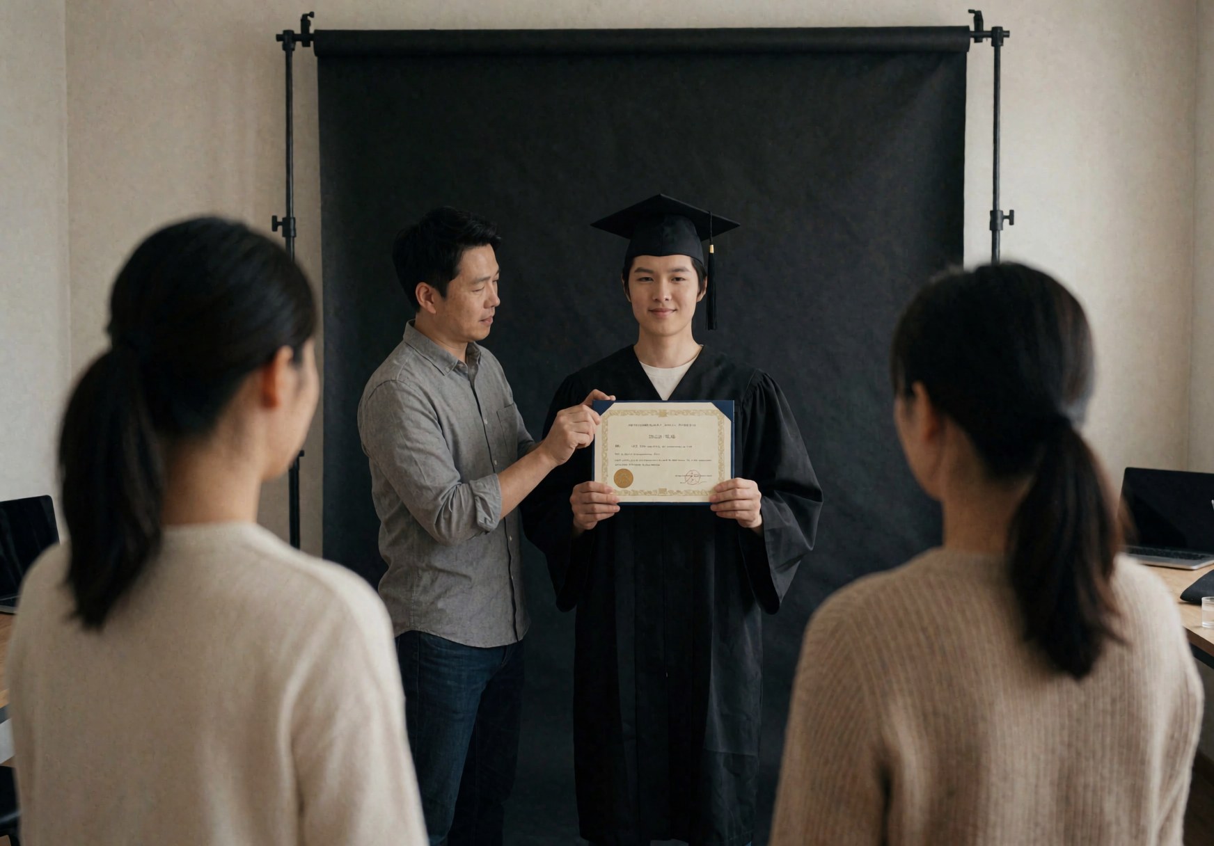 Photographer adjusts a diploma next to a graduate wearing a cap in a studio with a black background