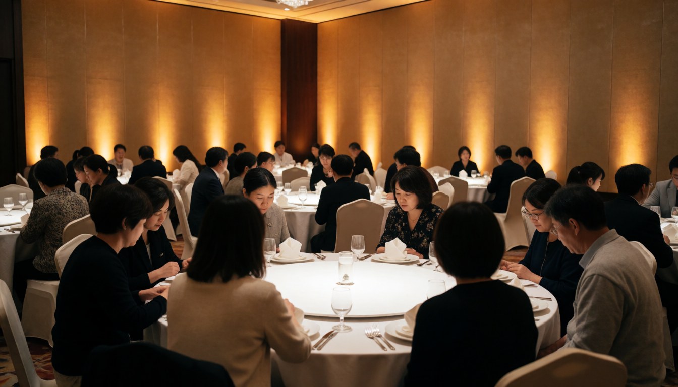 Elegant wedding reception hall with round tables, white tablecloths, warm lighting, and guests enjoying dinner.
