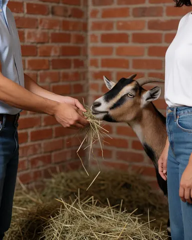 A tourist offers hay to a goat inside a rural enclosure with a brick wall, capturing a peaceful and natural interaction.