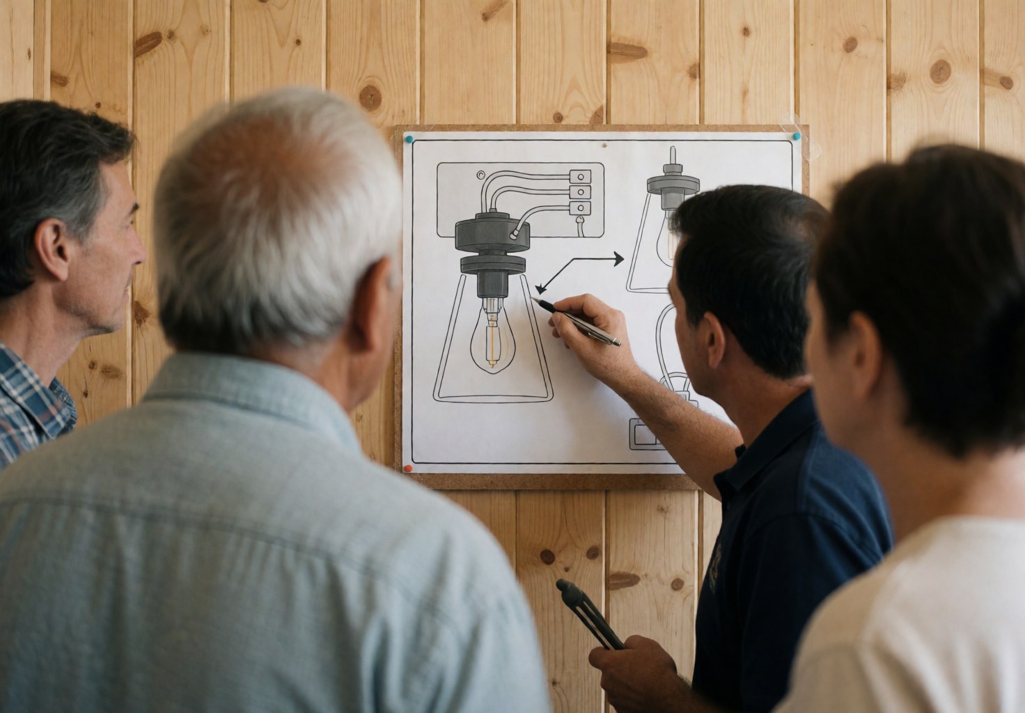 Technician points to an electrical diagram on a wooden wall while clients watch attentively during a service call.