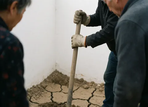 Close-up view of gloved hands holding a shovel over dry, cracked earth against a plain white background in an outdoor setting.