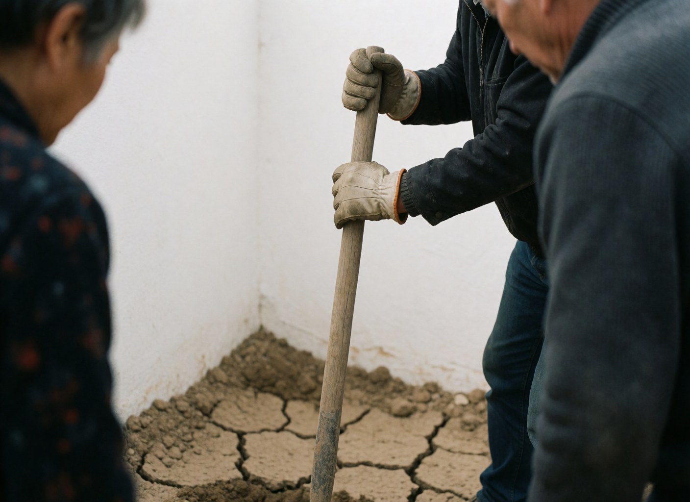 Close-up view of gloved hands holding a shovel over dry, cracked earth against a plain white background in an outdoor setting.