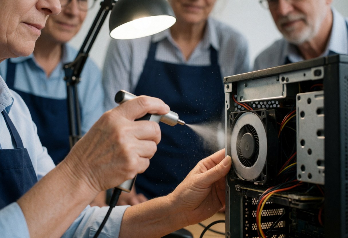 IT technician in an apron uses compressed air to clean a computer fan while colleagues observe the maintenance process.