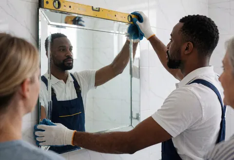 A glass installer uses a level to install a mirror on a white tiled wall in a modern bathroom.