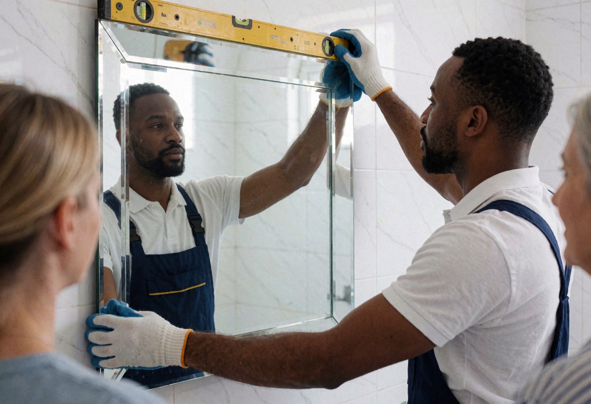 A glass installer uses a level to install a mirror on a white tiled wall in a modern bathroom.