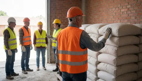 A worker checks stacked cement bags in a hardware store warehouse with colleagues observing nearby.