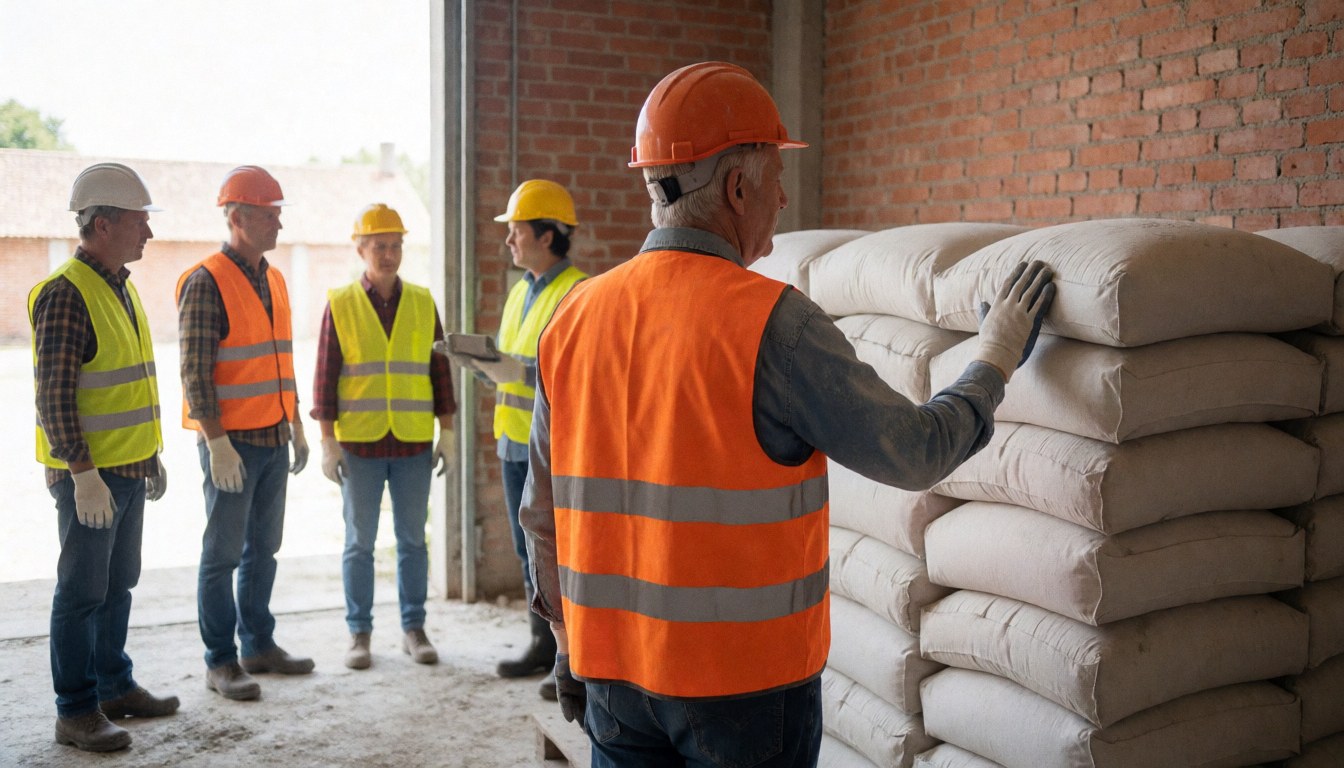 A worker checks stacked cement bags in a hardware store warehouse with colleagues observing nearby.