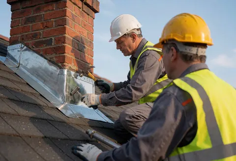 Two workers wearing helmets and vests install metal flashing around a brick chimney on a shingled roof.