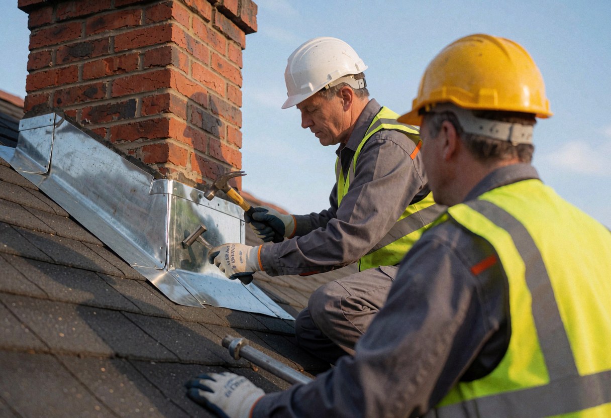 Two workers wearing helmets and vests install metal flashing around a brick chimney on a shingled roof.