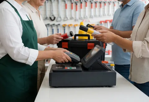 A cashier at a hardware store attending to a customer using a cash register and holding a toolbox.