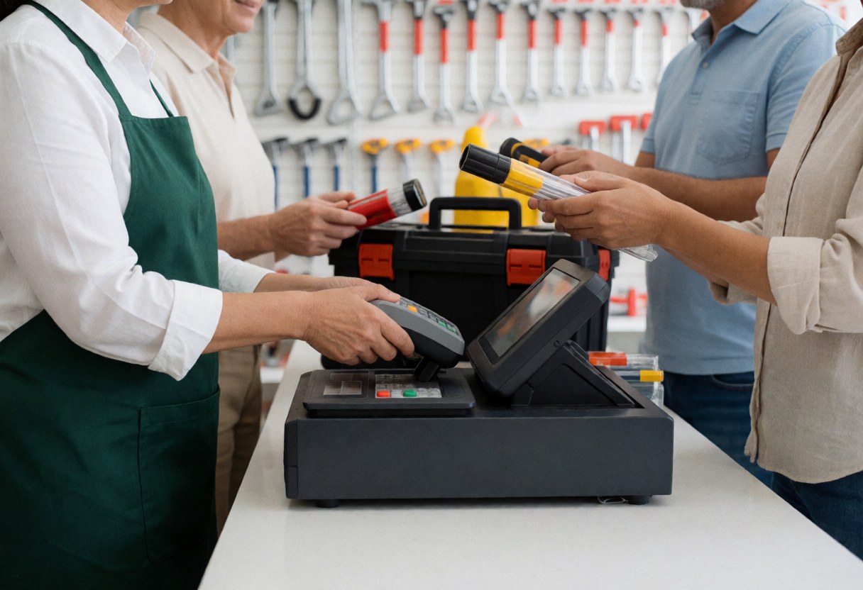 A cashier at a hardware store attending to a customer using a cash register and holding a toolbox.