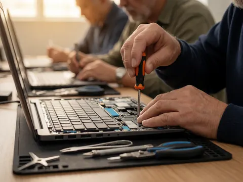 Close-up of technician hands using a screwdriver to adjust a laptop motherboard on an anti-static surface during IT repair work.