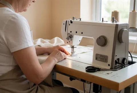 Close-up view of hands using a sewing machine in a craft workshop setting with natural light and visible tools.