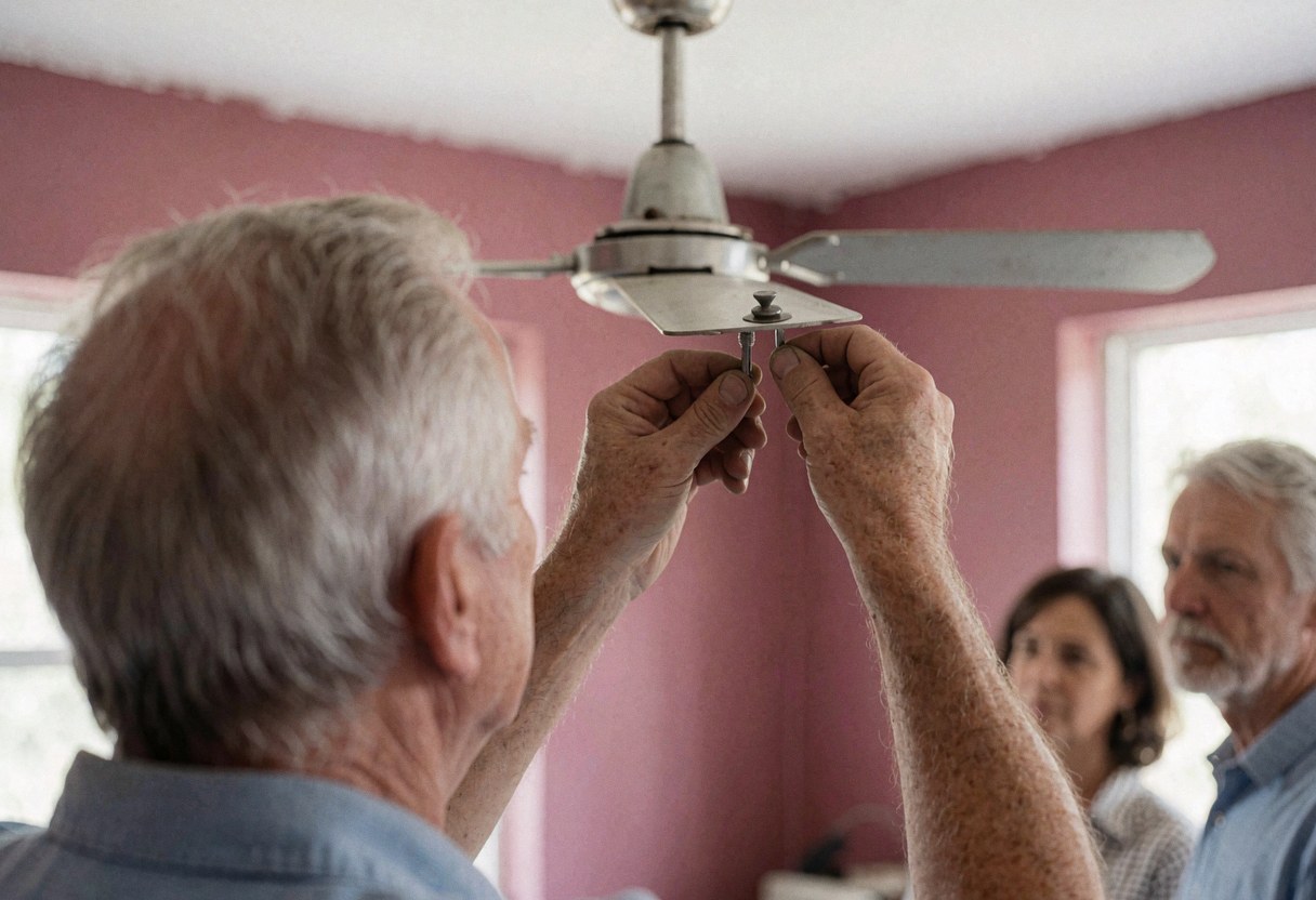 Technician balancing a ceiling fan in a room with pink walls and natural light, showing active fan repair service.