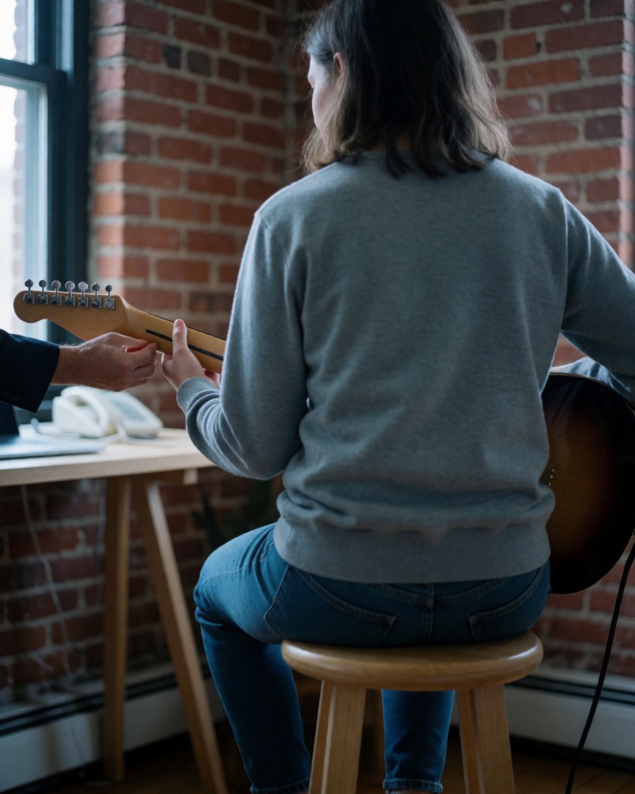 Close-up of a music instructor guiding a student's hand positioning on an acoustic guitar during a lesson.