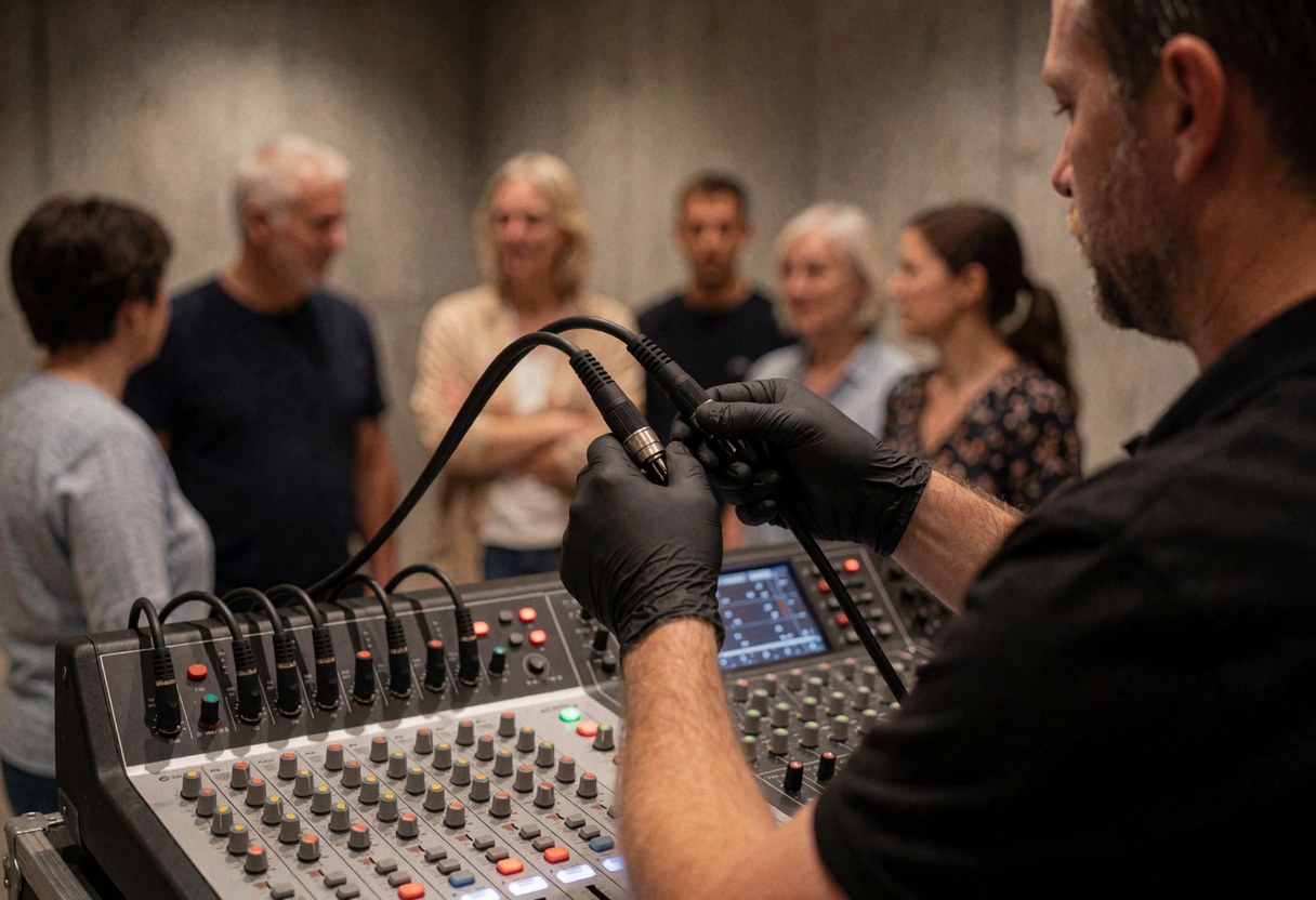 Close-up of technician hands connecting an XLR cable to a sound mixing console during an event setup.