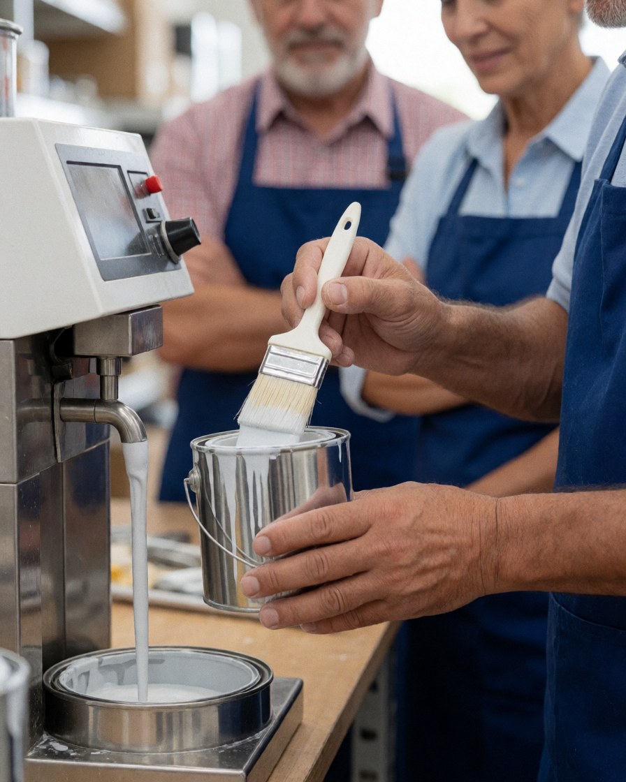 Hardware store employee using a paint mixing machine with a brush and metal container while two coworkers observe in the background.