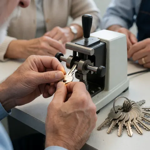 Adult hands using a key duplication machine to copy a metal key, with several keys on a chain resting on a workshop counter.