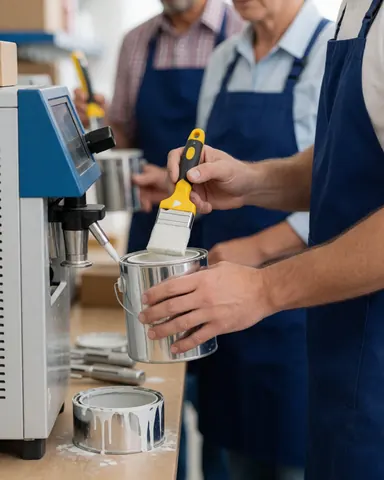 A worker blends paint using a brush and machine in a hardware store, displaying tools and products.