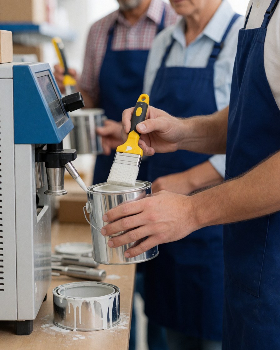 A worker blends paint using a brush and machine in a hardware store, displaying tools and products.