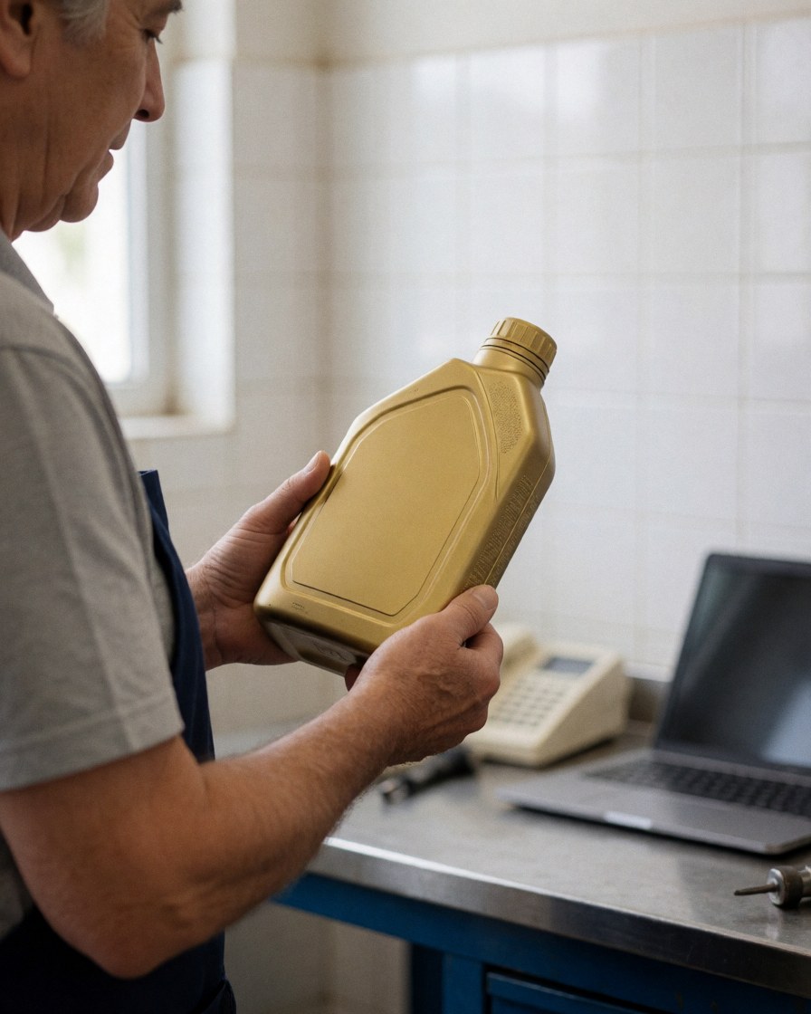 A customer checks the label on a motor oil bottle while standing in a mechanic workshop with white tiled walls and equipment.