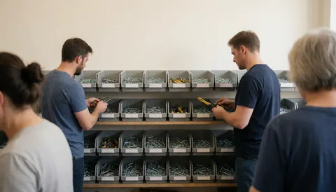 Shoppers selecting screws from organized shelves in a bright hardware store with white walls.
