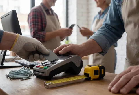 Gloved hand inserts a credit card into a payment terminal on a hardware store counter with tools and screws nearby