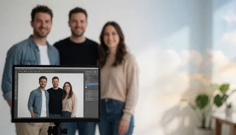 Computer monitor showing a group portrait of three people against a white background with plants and natural light, suitable for corporate photography services