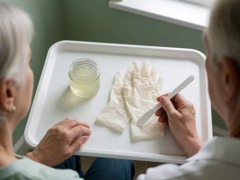 A hand holds a spatula above a tray containing gel and nitrile gloves for a relaxing massage treatment.