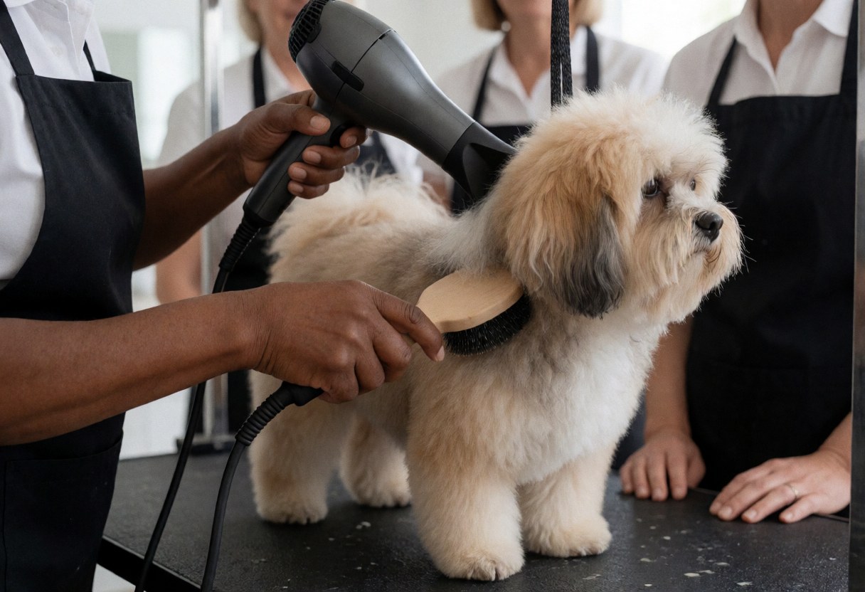 Professional groomer using a brush and dryer on a dog in a grooming salon with staff watching in the background