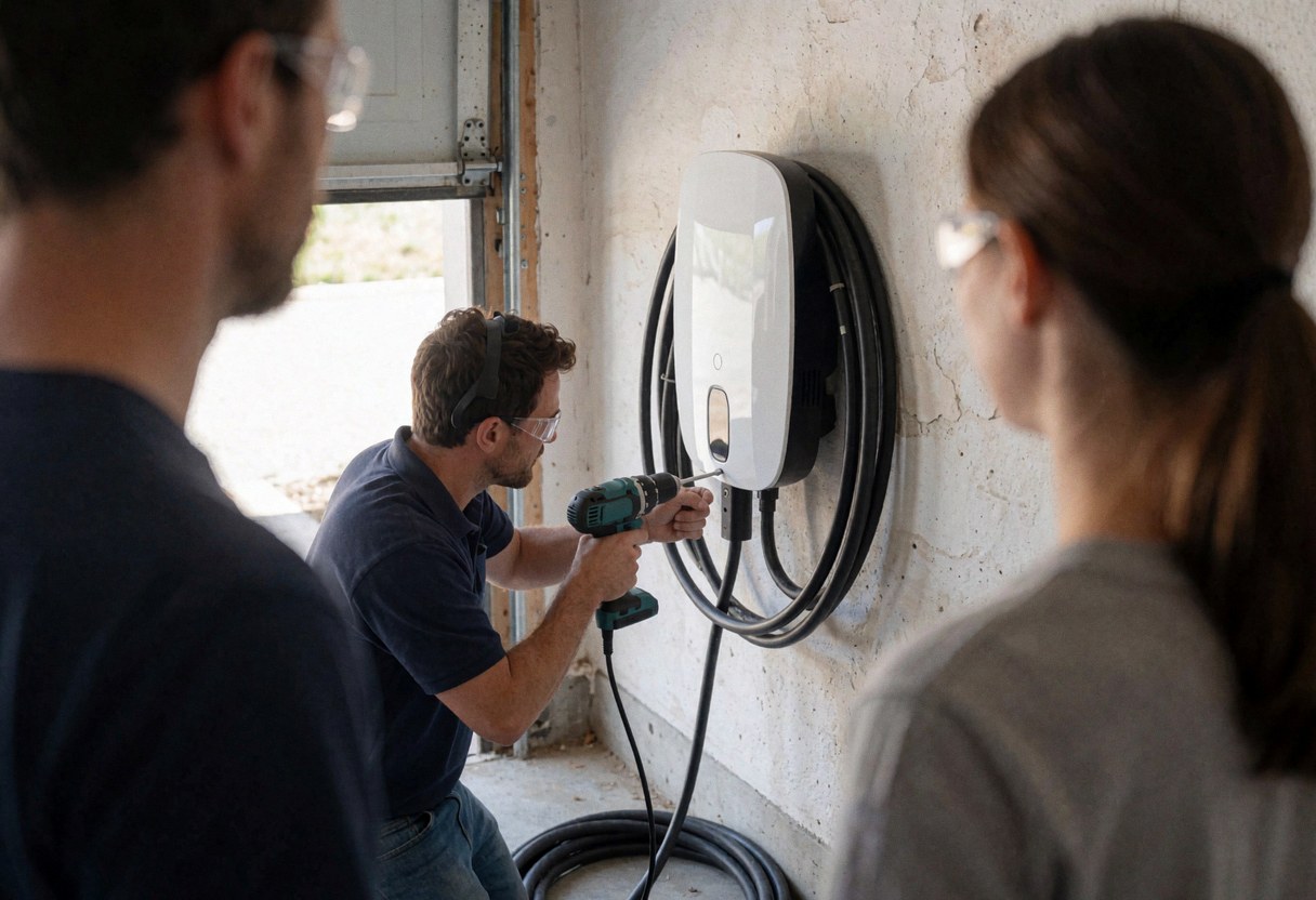 Electrician mounting a white EV charger on a garage wall with black cables while two people watch from behind.