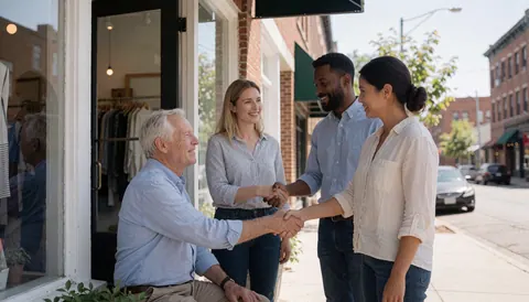 Four entrepreneurs celebrating at the entrance of a clothing store with a display window and brick building in the background.