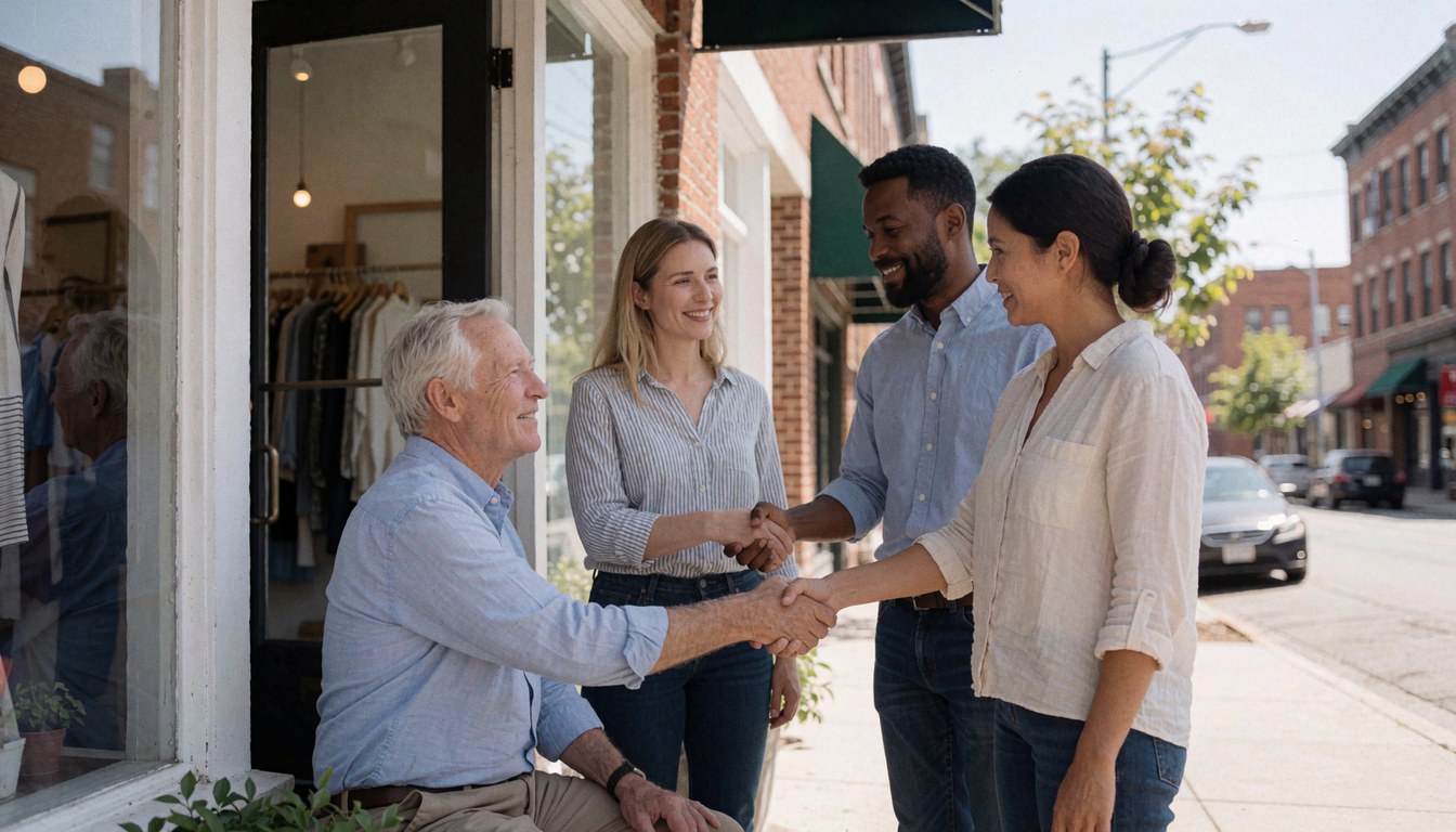 Four entrepreneurs celebrating at the entrance of a clothing store with a display window and brick building in the background.
