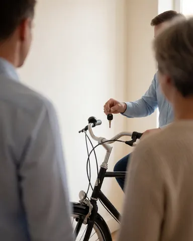 A person holding a key for a bicycle taxi service in a professional indoor setting.