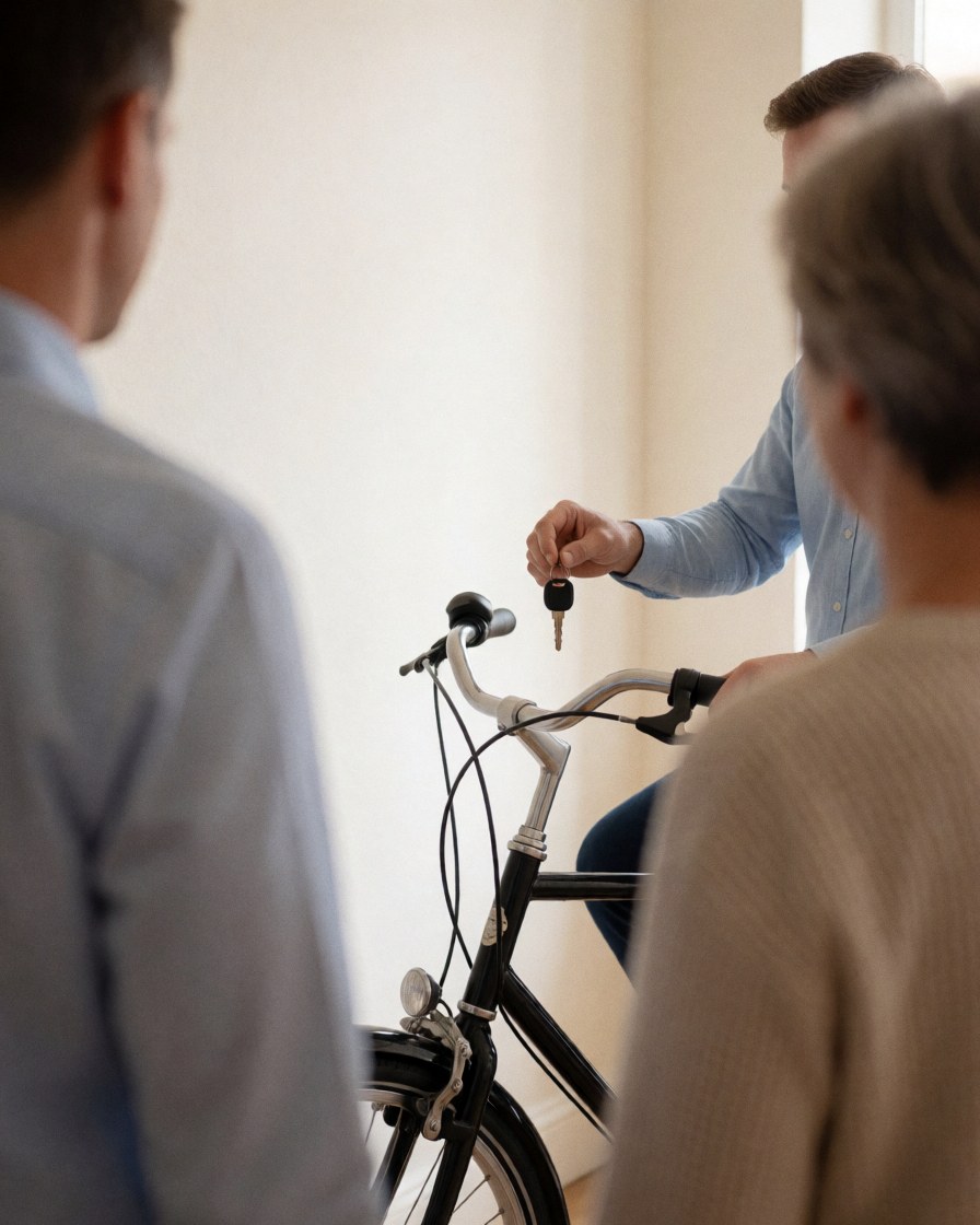A person holding a key for a bicycle taxi service in a professional indoor setting.