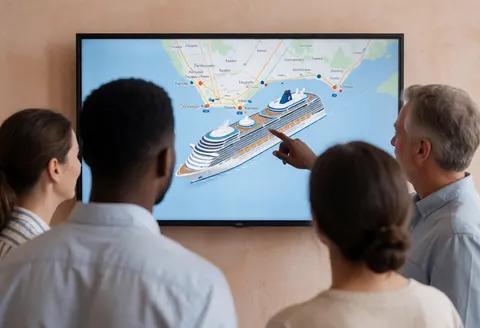 Travel agent points to a large digital screen displaying a cruise itinerary for clients in a travel agency office.