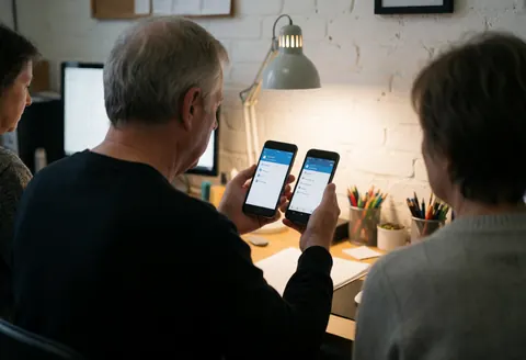 A developer displays a synchronized mobile application across two smartphones in an office setting with exposed brick and desk lighting.