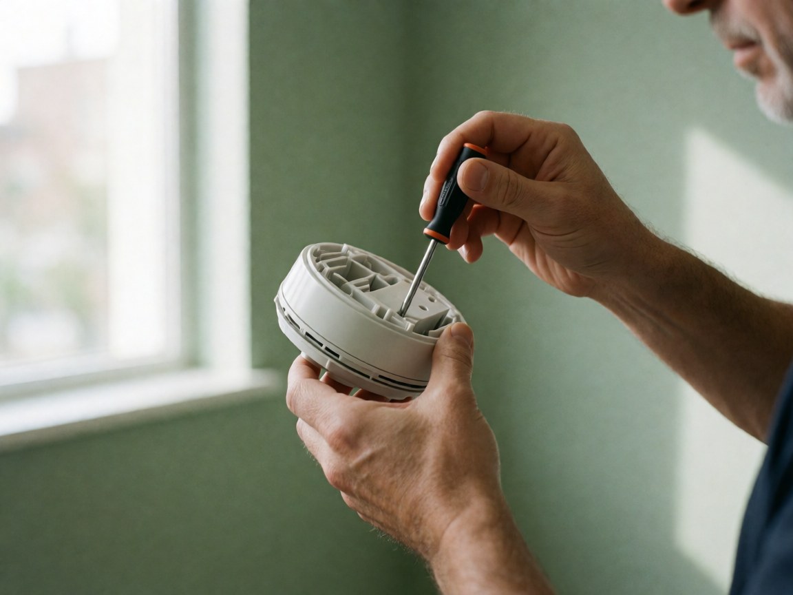 Close-up of a technician using a screwdriver to open a white fan receiver mounted on a green wall during daylight.