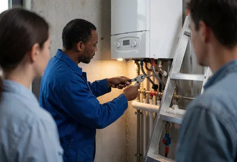 A technician in a blue uniform uses a wrench to install a condensing boiler while two people watch the work on a concrete wall.
