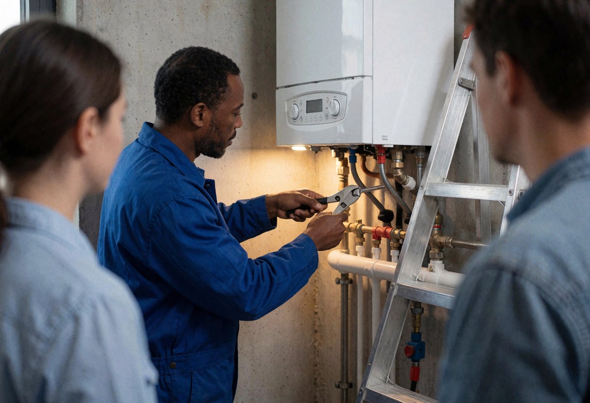 A technician in a blue uniform uses a wrench to install a condensing boiler while two people watch the work on a concrete wall.