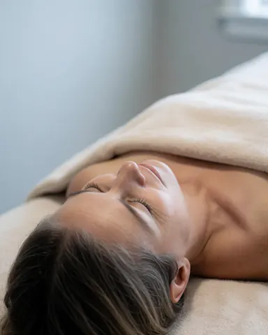 A relaxed customer resting with eyes closed on a beige towel-covered massage bed in a softly lit room with gray walls.