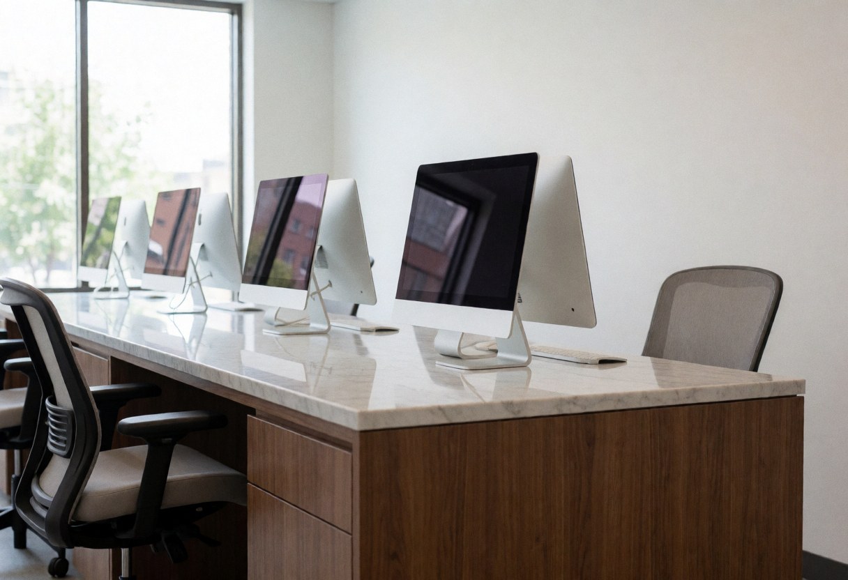 White marble desk with computer monitors and chairs in a bright modern office interior suitable for a travel agency storefront.