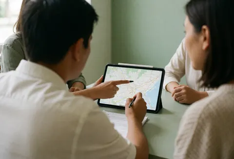 A travel agent points to a digital map on a tablet while consulting with seated clients at a table.